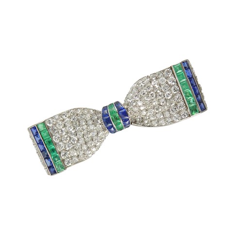 Art Deco diamond and buff-top emerald and sapphire bow-tie brooch, French c.1930,